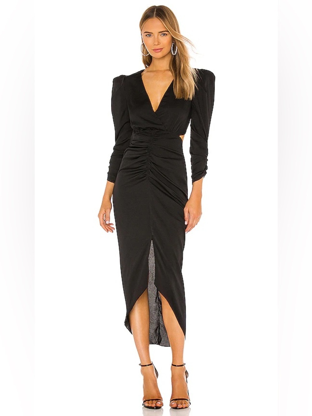 ASTR the Label Elegant Black Ruched V-Neck Midi Dress, Size L